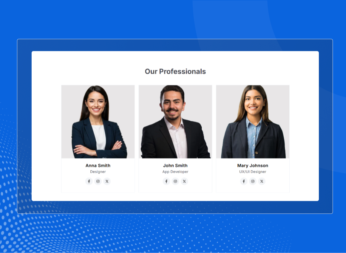 3-Column Card Grid Layout with Social Links, Hover Effects & Popup Profile options.