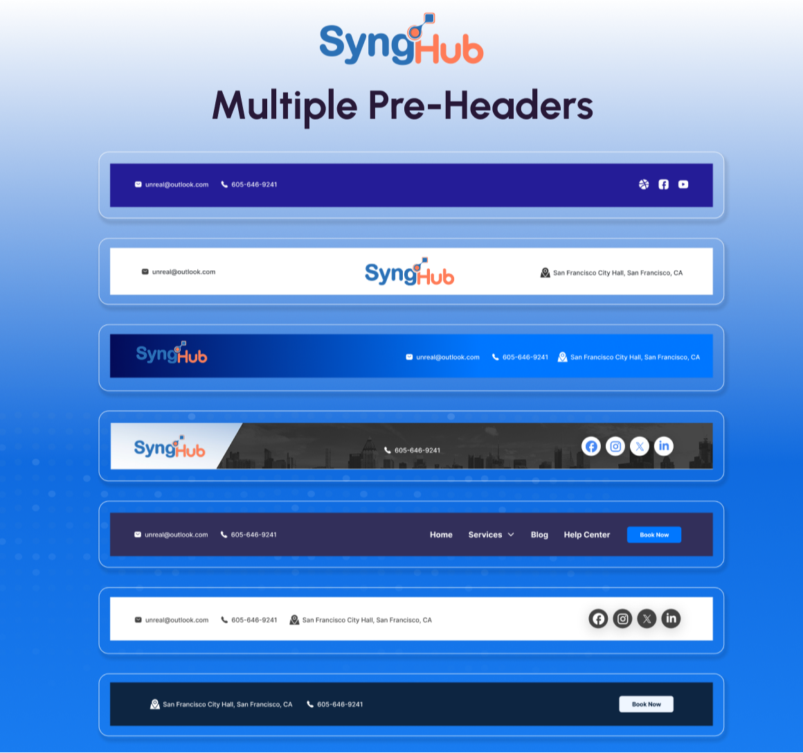 Flexible preheader module with 10 layouts for contact, branding, menu, social icons, and CTA.