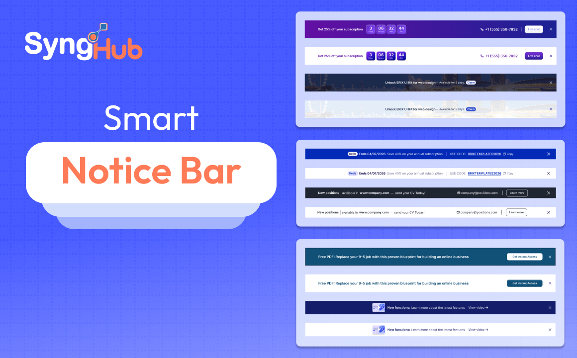 Dynamic top bar for alerts, promos, countdowns, CTA buttons, and social links.