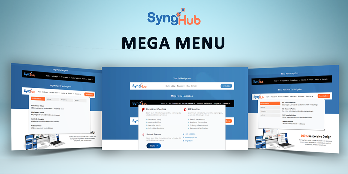 SyngHub Mega Menu delivers responsive, customizable navigation for HubSpot websites with clean UI.