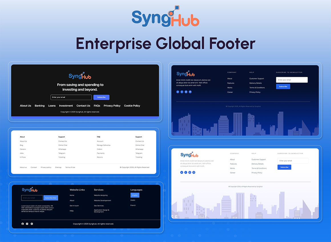 Enterprise-ready footer module with flexible layouts and dynamic content control.